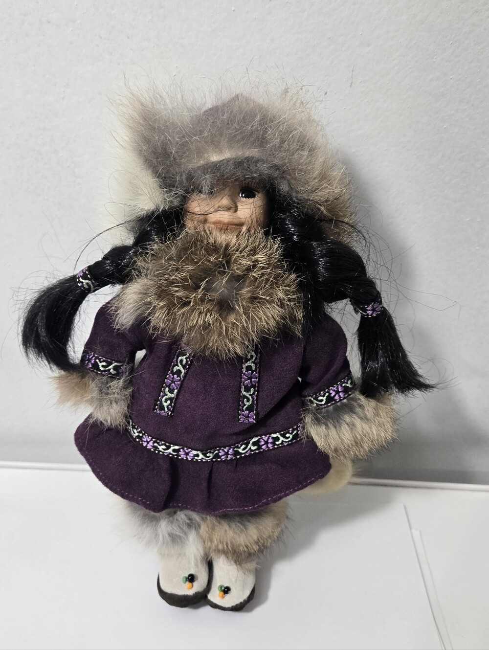 Native American Eskimo Inuit Doll With Real Fur And Leather Clothing 10” Stand
